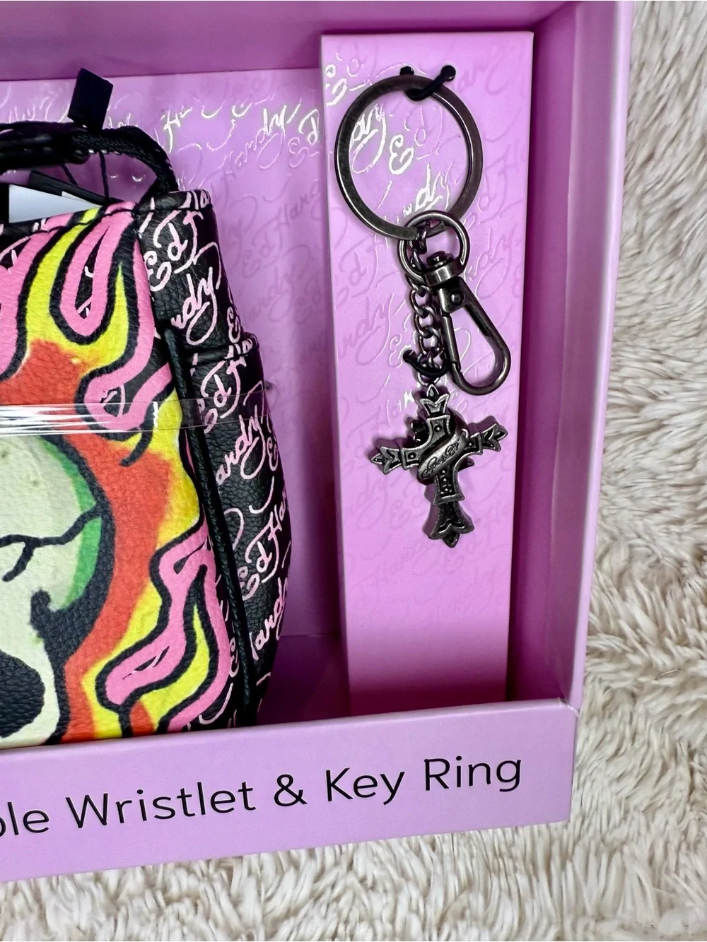Ed Hardy Black Wristlet & Key Ring with Neon Pink, Green & Yellow Skull NWT